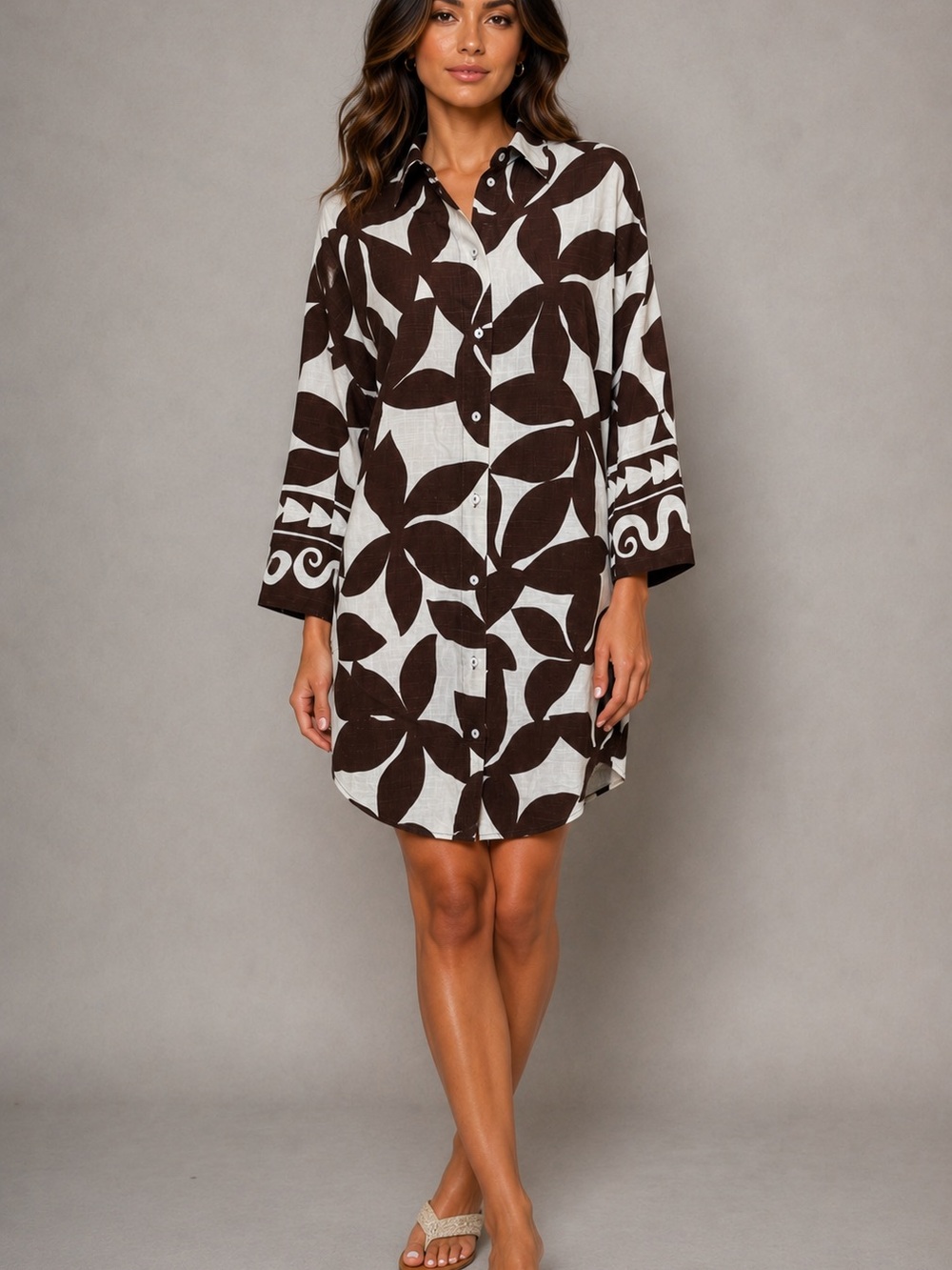 Label of Love XL Tropical Shirt Dress Brown Ivory Linen Blend Resort Cover Up